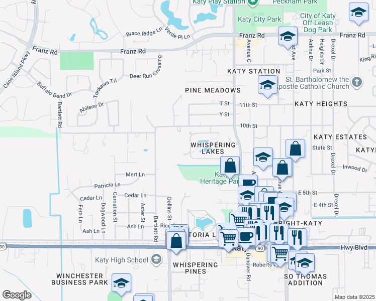 map of restaurants, bars, coffee shops, grocery stores, and more near 6001 Whispering Lakes Drive in Katy