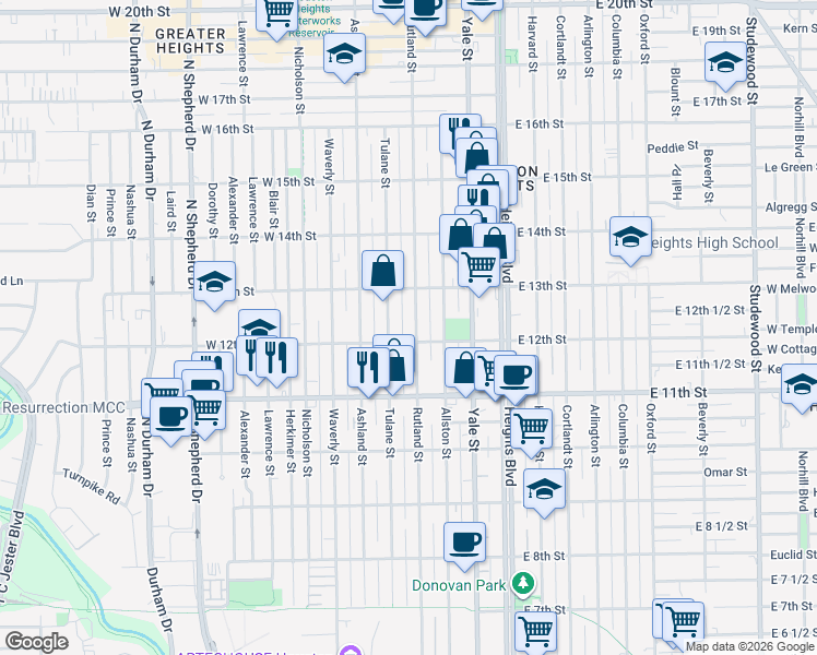 map of restaurants, bars, coffee shops, grocery stores, and more near 1215 Rutland Street in Houston