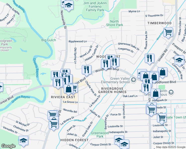map of restaurants, bars, coffee shops, grocery stores, and more near 12800 Woodforest Boulevard in Houston