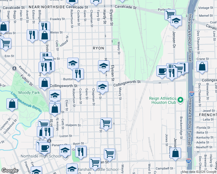 map of restaurants, bars, coffee shops, grocery stores, and more near 1602 Collingsworth Street in Houston