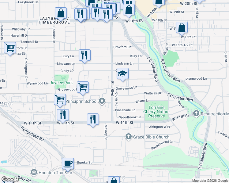 map of restaurants, bars, coffee shops, grocery stores, and more near 1247 Ella Boulevard in Houston