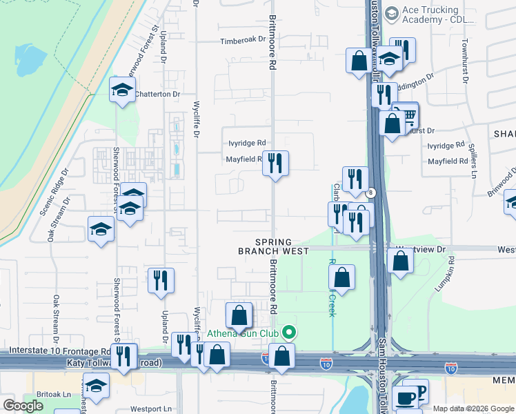 map of restaurants, bars, coffee shops, grocery stores, and more near 1225 Brittmoore Road in Houston