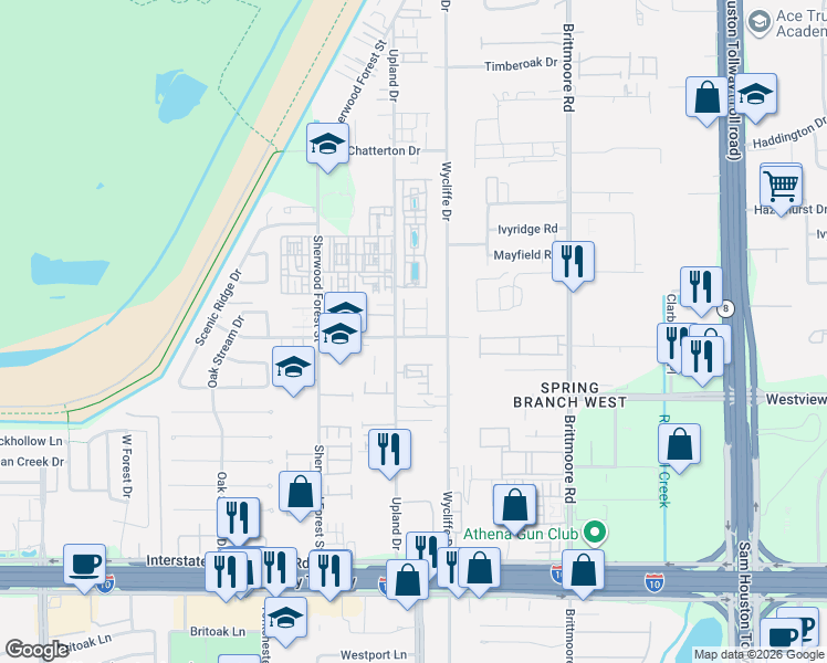 map of restaurants, bars, coffee shops, grocery stores, and more near 1510 Upland Glen Way in Houston
