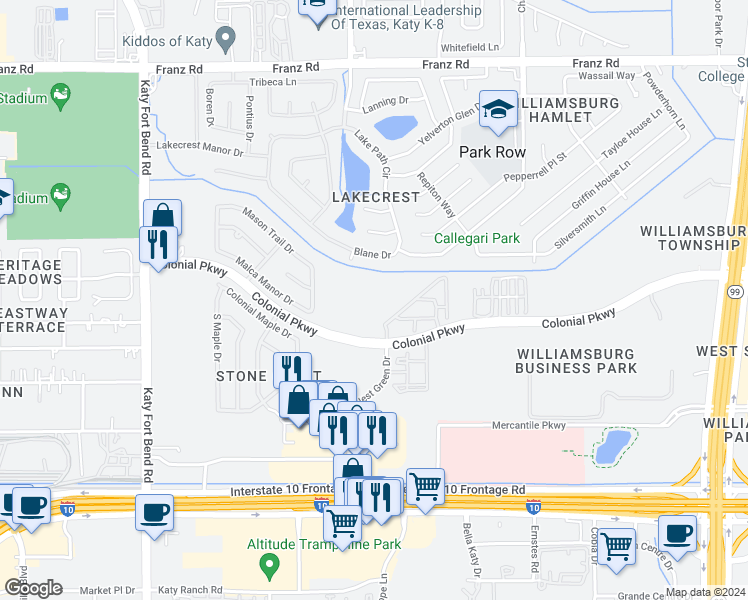 map of restaurants, bars, coffee shops, grocery stores, and more near 24527 Blane Drive in Katy