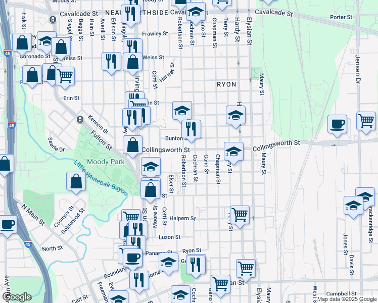 map of restaurants, bars, coffee shops, grocery stores, and more near 1110 Collingsworth Street in Houston