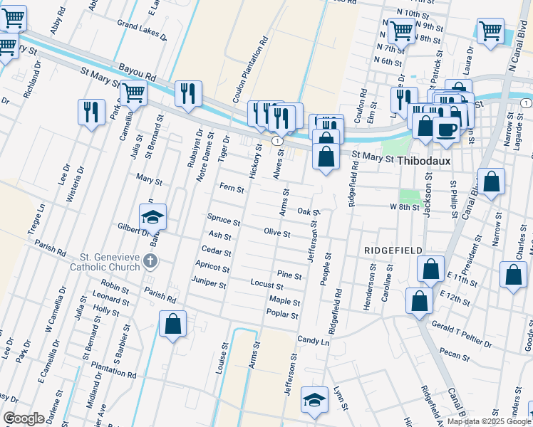 map of restaurants, bars, coffee shops, grocery stores, and more near 609 Willow Street in Thibodaux