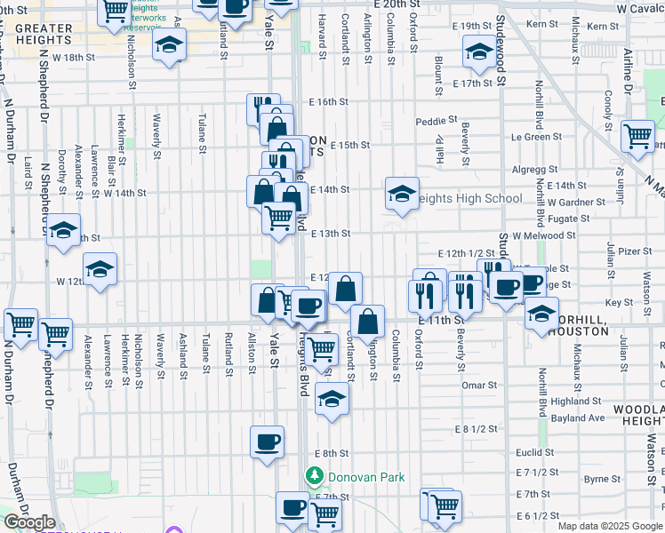 map of restaurants, bars, coffee shops, grocery stores, and more near 1210 Harvard Street in Houston