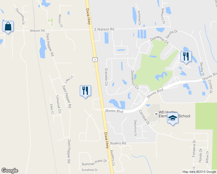 map of restaurants, bars, coffee shops, grocery stores, and more near 372 Graciela Circle in St. Augustine