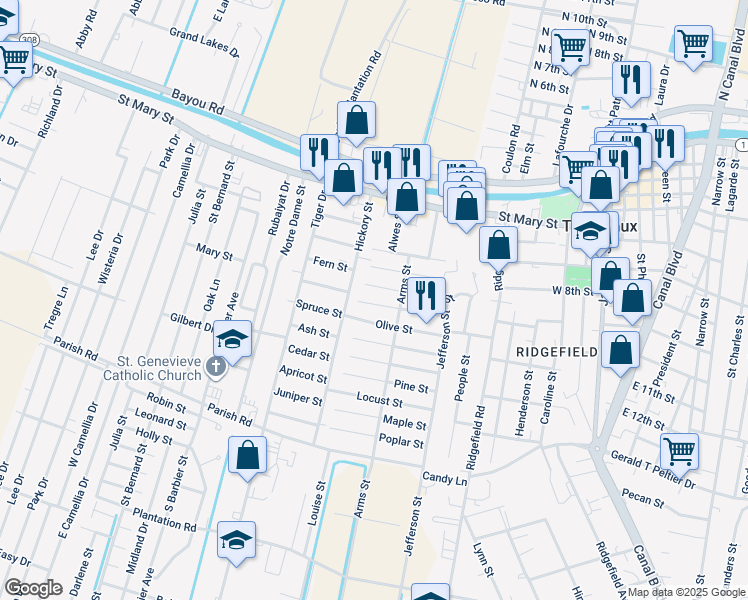 map of restaurants, bars, coffee shops, grocery stores, and more near 609 Willow Street in Thibodaux