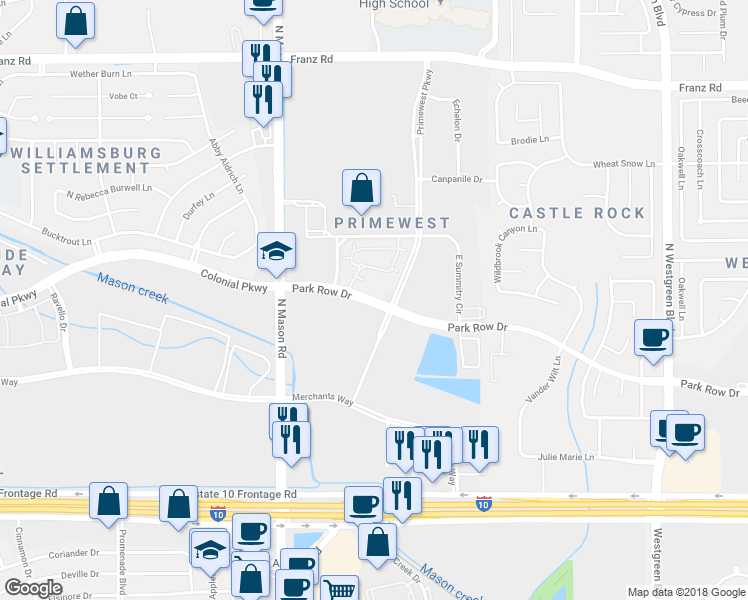 map of restaurants, bars, coffee shops, grocery stores, and more near 21475 Park Row Drive in Katy