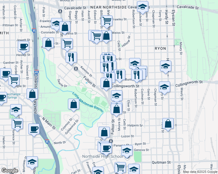 map of restaurants, bars, coffee shops, grocery stores, and more near 700 Collingsworth Street in Houston