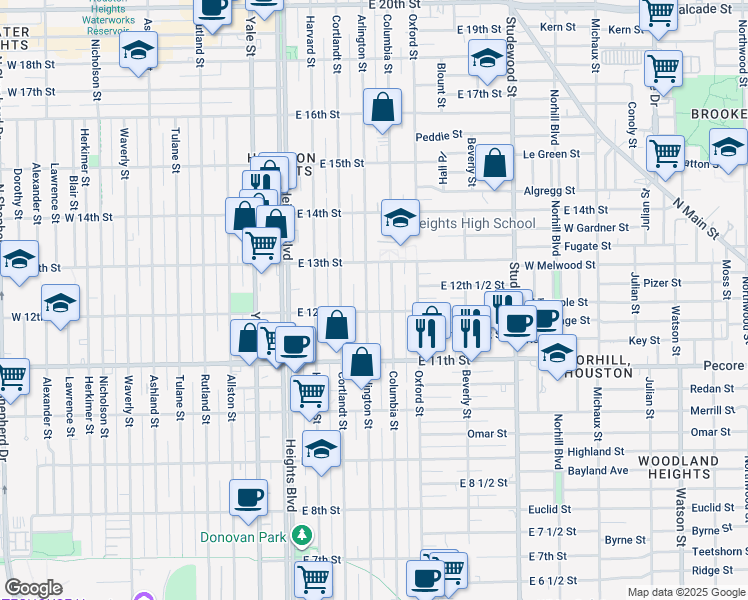 map of restaurants, bars, coffee shops, grocery stores, and more near 1212 Arlington St in Houston
