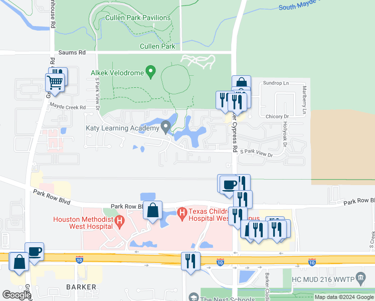 map of restaurants, bars, coffee shops, grocery stores, and more near 1719 Lake Harbor Way in Houston