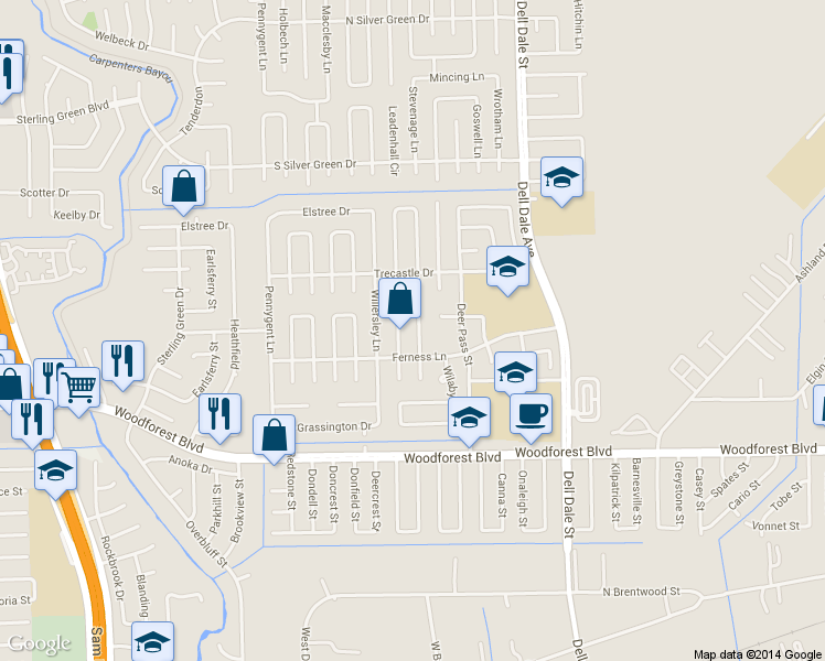 map of restaurants, bars, coffee shops, grocery stores, and more near 969 Stevenage Lane in Channelview