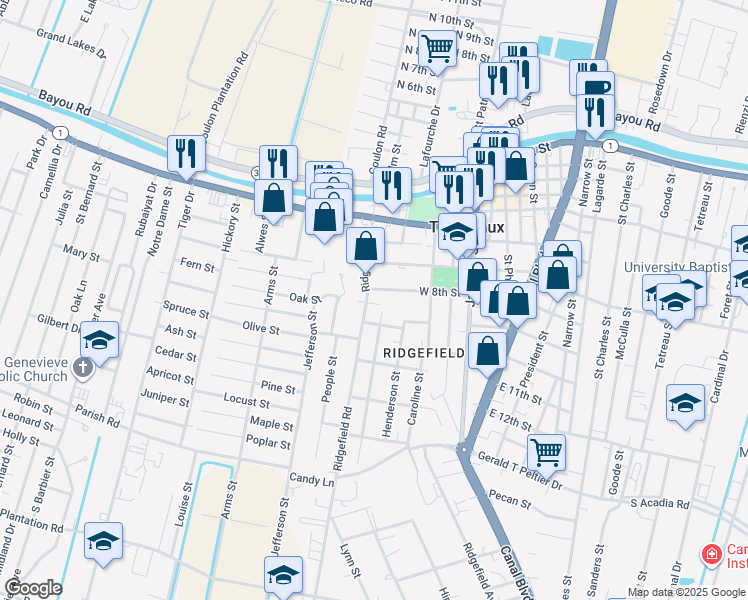 map of restaurants, bars, coffee shops, grocery stores, and more near 807 Ridgefield Road in Thibodaux