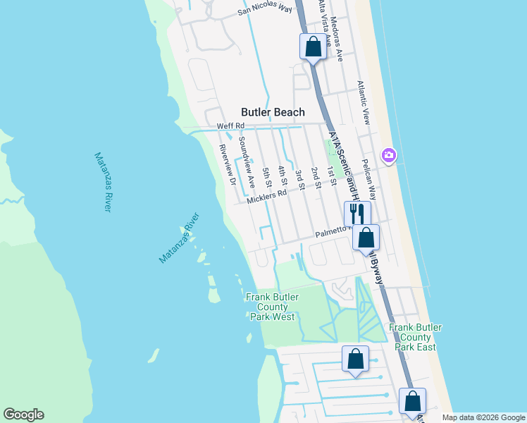 map of restaurants, bars, coffee shops, grocery stores, and more near 5455 5th Street in St. Augustine