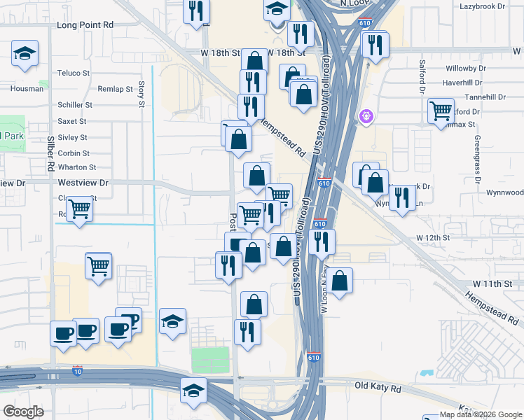 map of restaurants, bars, coffee shops, grocery stores, and more near 1300 North Post Oak Road in Houston