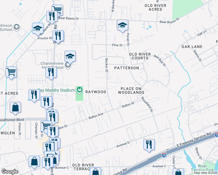 map of restaurants, bars, coffee shops, grocery stores, and more near 908 Becker Street in Channelview