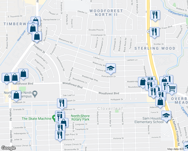 map of restaurants, bars, coffee shops, grocery stores, and more near 14102 Duncannon Drive in Houston