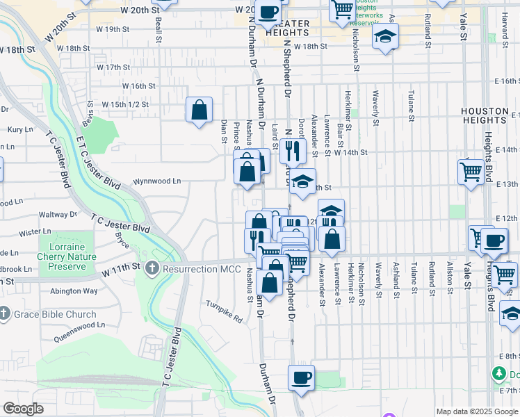 map of restaurants, bars, coffee shops, grocery stores, and more near 1207 North Durham Drive in Houston