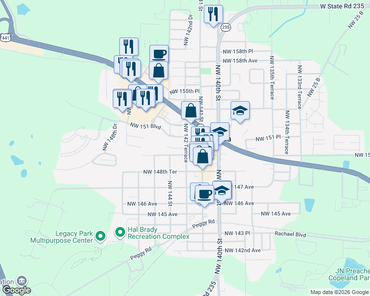 map of restaurants, bars, coffee shops, grocery stores, and more near 15100 NW 142nd Terrace in Alachua