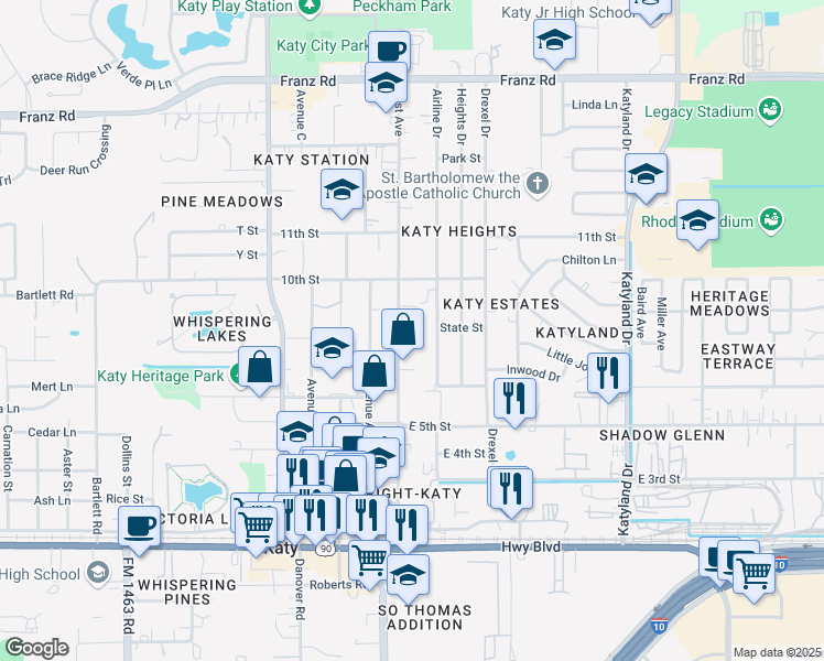 map of restaurants, bars, coffee shops, grocery stores, and more near 1506 East Avenue in Katy