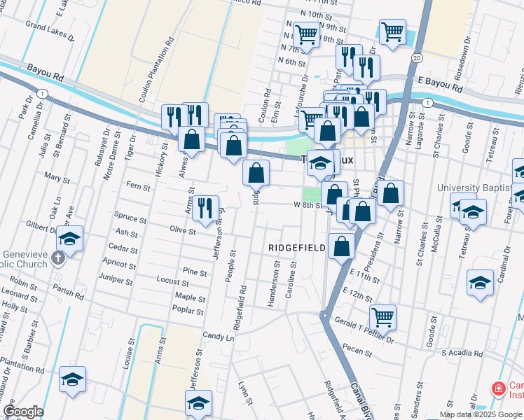 map of restaurants, bars, coffee shops, grocery stores, and more near 807 Ridgefield Road in Thibodaux