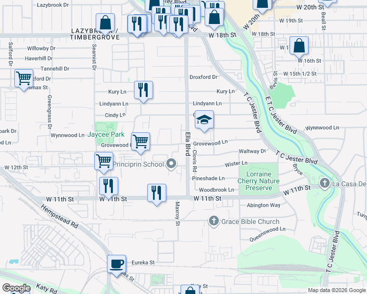 map of restaurants, bars, coffee shops, grocery stores, and more near 1247 Ella Boulevard in Houston