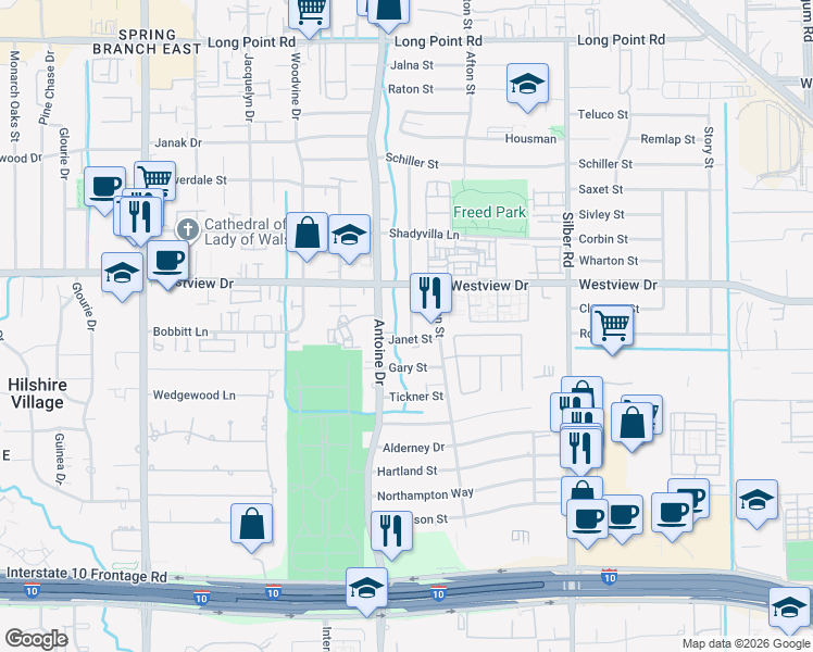 map of restaurants, bars, coffee shops, grocery stores, and more near 7202 Janet Street in Houston
