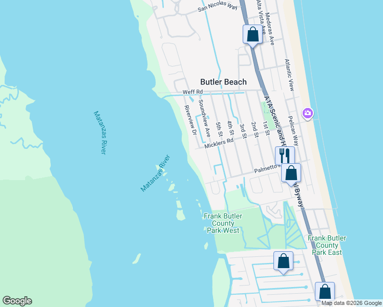 map of restaurants, bars, coffee shops, grocery stores, and more near 345 Micklers Road in St. Augustine