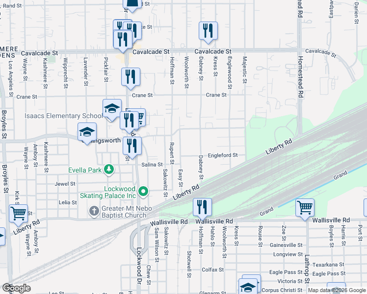 map of restaurants, bars, coffee shops, grocery stores, and more near 5921 Engleford Street in Houston