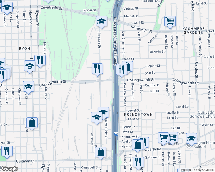 map of restaurants, bars, coffee shops, grocery stores, and more near 3300 Jensen Drive in Houston