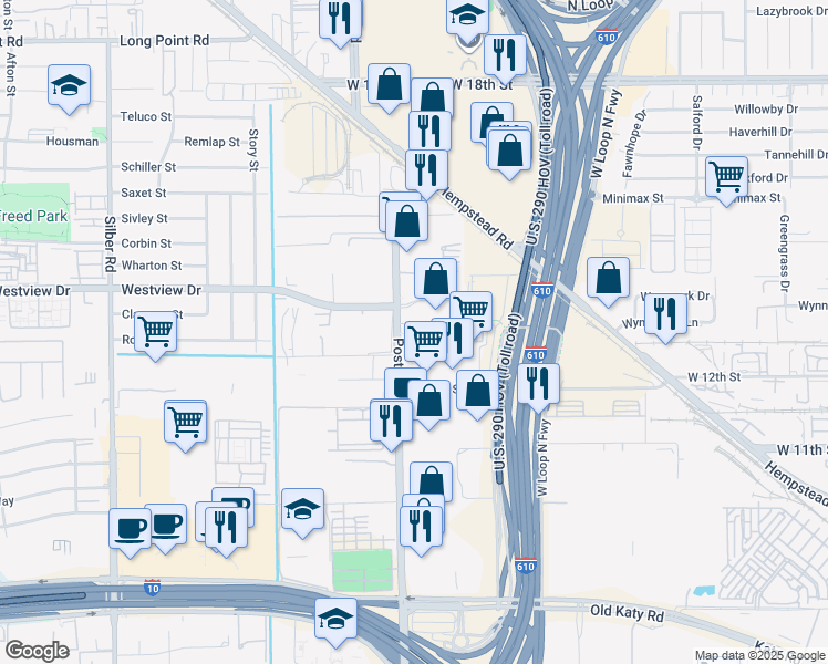 map of restaurants, bars, coffee shops, grocery stores, and more near 1330 Post Oak Road in Houston