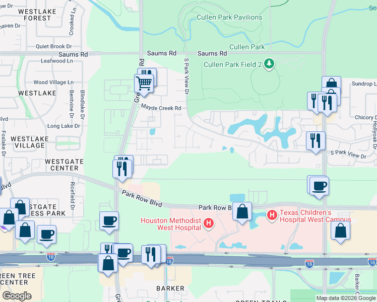 map of restaurants, bars, coffee shops, grocery stores, and more near 1527 Park Harbor Estates Dr in Houston