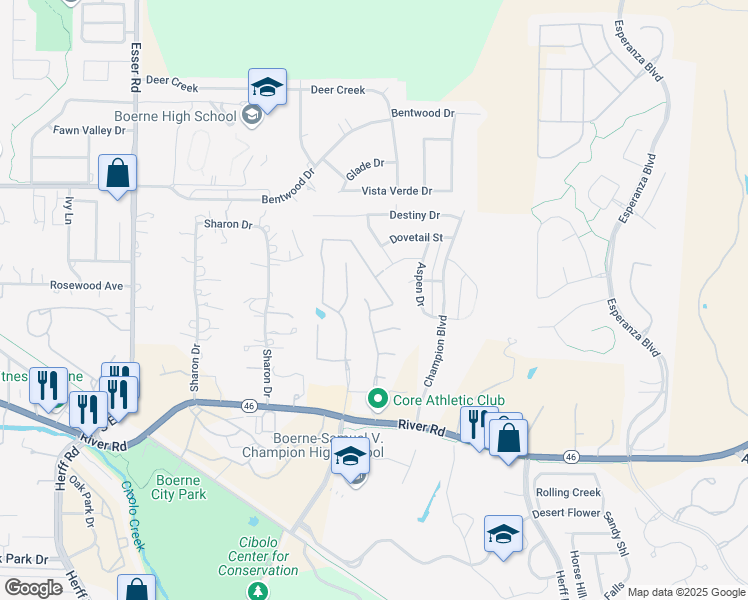 map of restaurants, bars, coffee shops, grocery stores, and more near 129 Noble Woods in Boerne