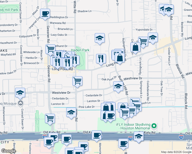 map of restaurants, bars, coffee shops, grocery stores, and more near 1342 Bullock Lane in Houston