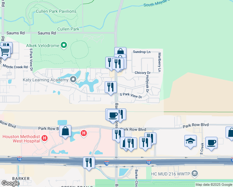 map of restaurants, bars, coffee shops, grocery stores, and more near 10422 South Parkview Drive in Houston