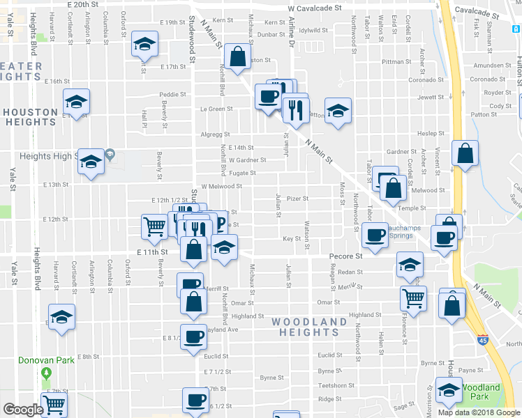 map of restaurants, bars, coffee shops, grocery stores, and more near 927 West Temple Avenue in Houston