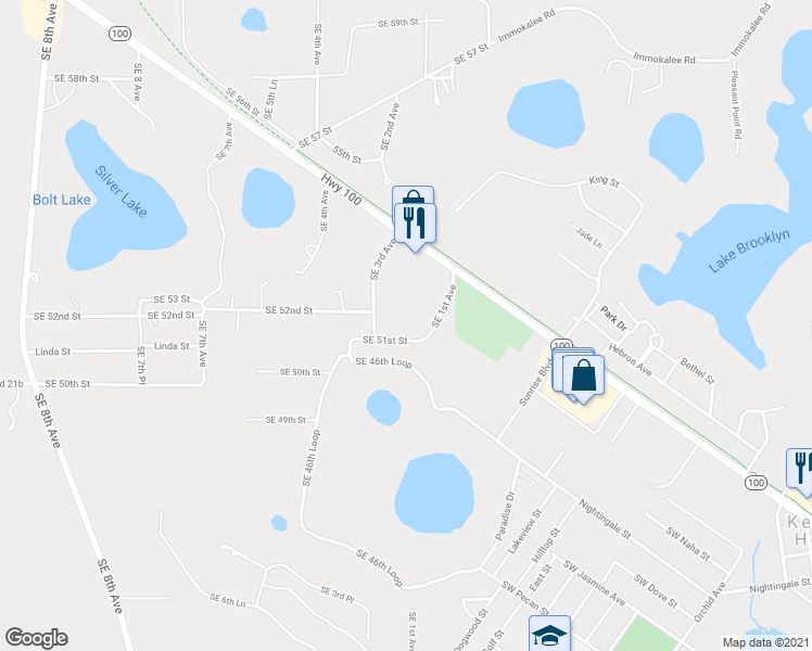 map of restaurants, bars, coffee shops, grocery stores, and more near 193 Southeast 51st Street in Keystone Heights