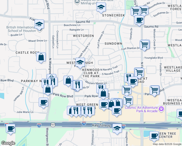 map of restaurants, bars, coffee shops, grocery stores, and more near 2000 Westborough Drive in Katy
