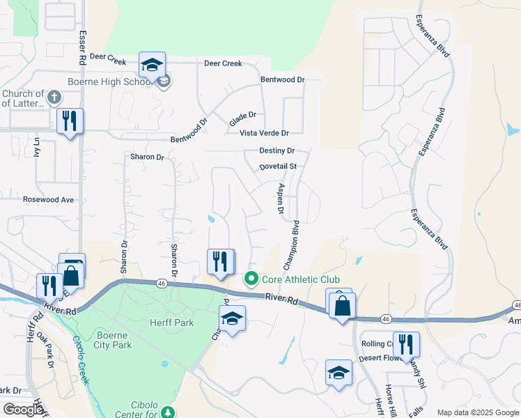 map of restaurants, bars, coffee shops, grocery stores, and more near 306 Woods of Boerne Boulevard in Boerne