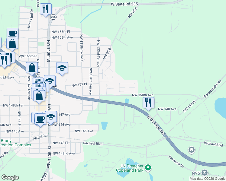 map of restaurants, bars, coffee shops, grocery stores, and more near 13316 Northwest 150 Avenue in Alachua