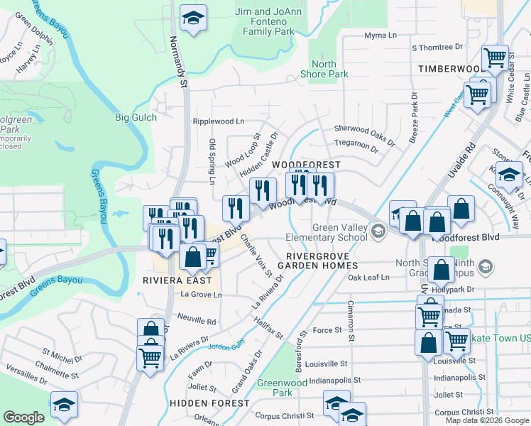 map of restaurants, bars, coffee shops, grocery stores, and more near 12800 Woodforest Boulevard in Houston