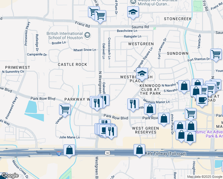 map of restaurants, bars, coffee shops, grocery stores, and more near 20215 Laceyland Lane in Katy