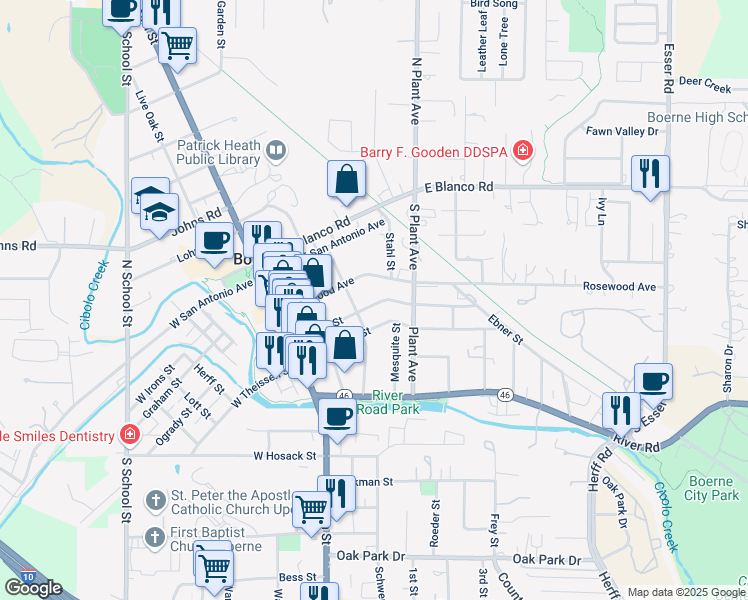 map of restaurants, bars, coffee shops, grocery stores, and more near 314 James Street in Boerne
