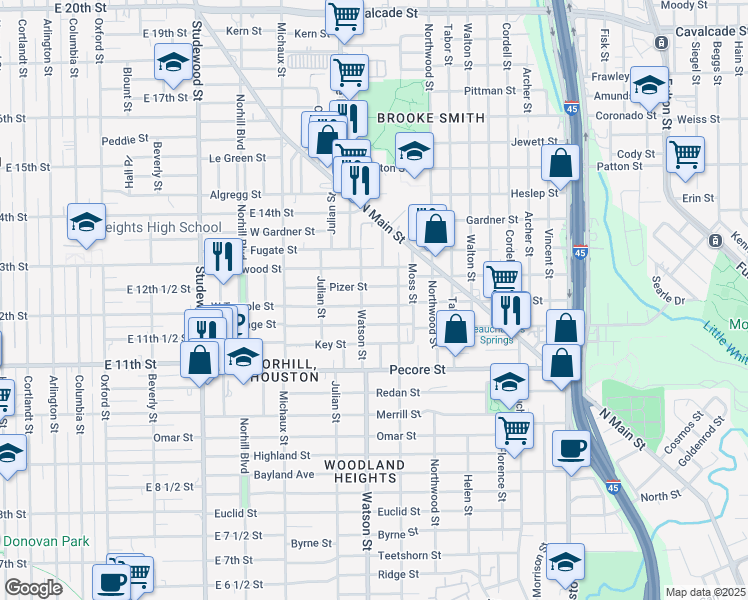 map of restaurants, bars, coffee shops, grocery stores, and more near 723 W Temple St in Houston
