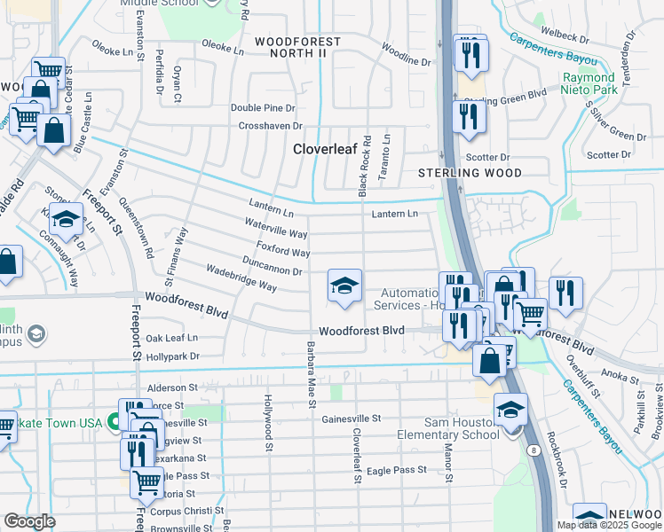map of restaurants, bars, coffee shops, grocery stores, and more near 14319 Duncannon Drive in Houston