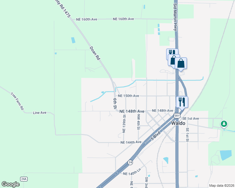 map of restaurants, bars, coffee shops, grocery stores, and more near 13834 Northeast 150th Avenue in Waldo