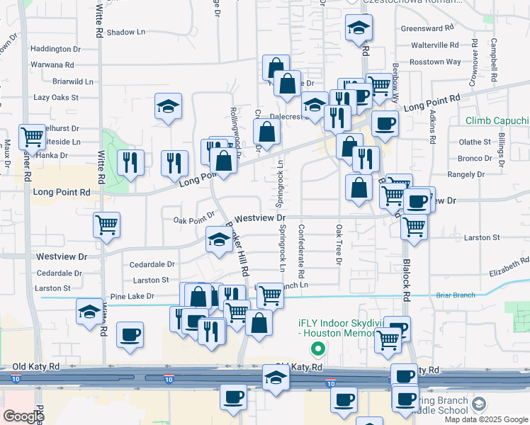 map of restaurants, bars, coffee shops, grocery stores, and more near 9702 Tappenbeck Drive in Houston