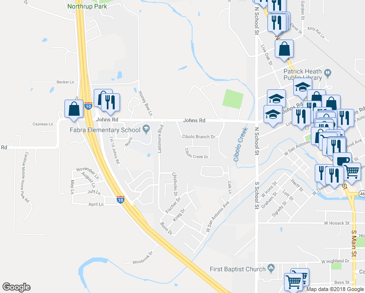 map of restaurants, bars, coffee shops, grocery stores, and more near 214 Cibolo Basin Drive in Boerne